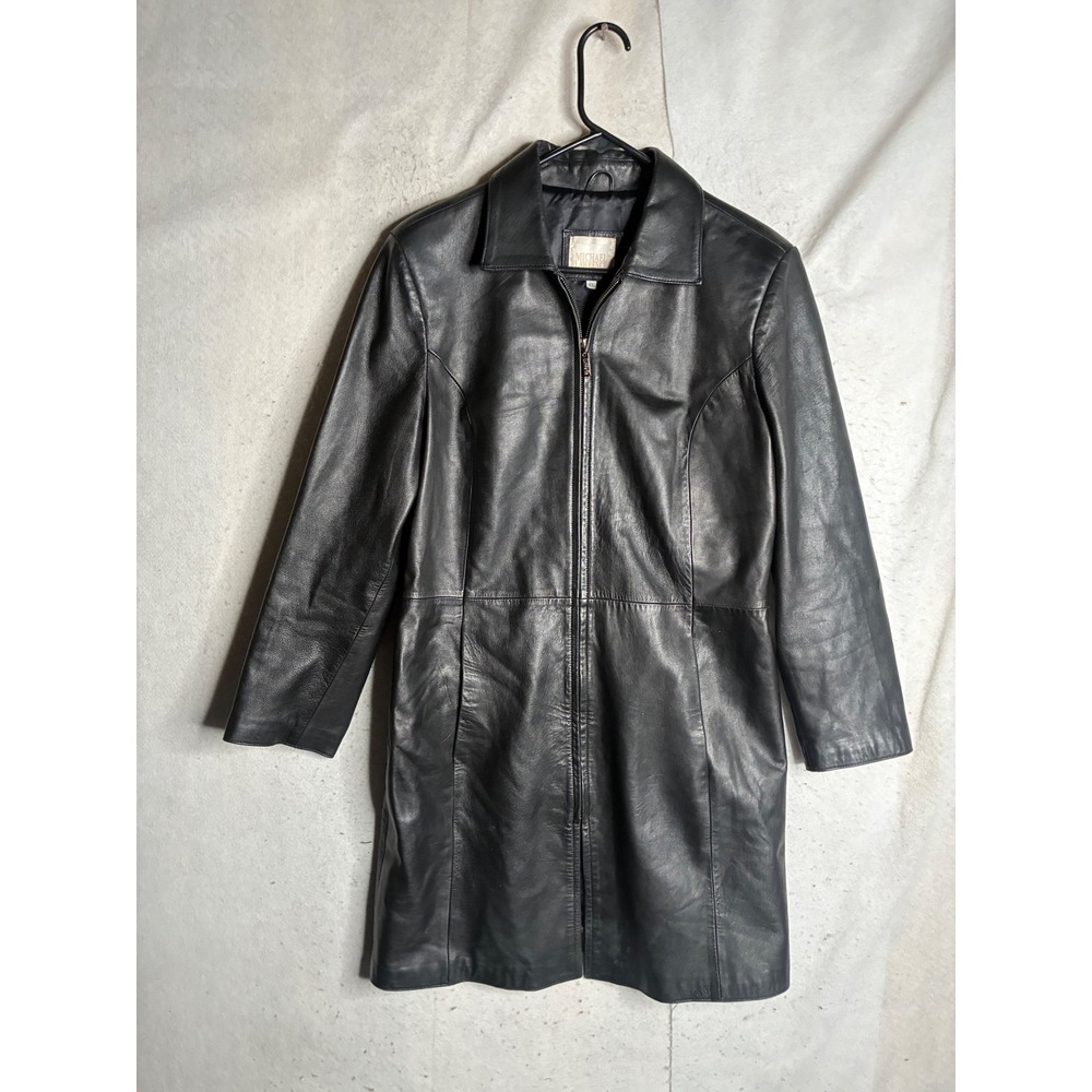 Michael Lawrence Womens Black Leather Trench Coat Full Zip Jacket XL